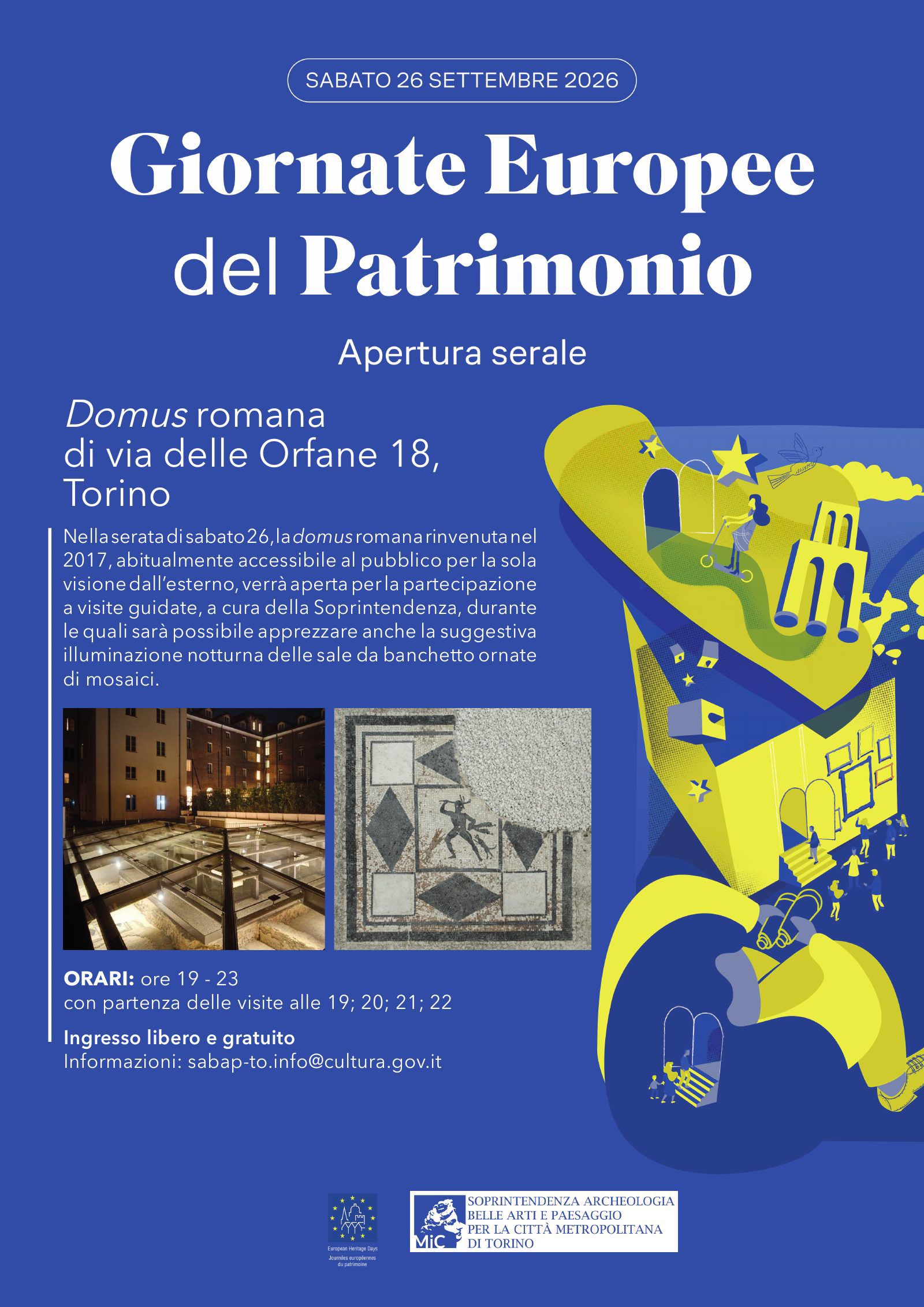 Locandina delle Giornate Europee del Patrimonio, apertura serale della domus romana di via delle Orfane 18 a Torino, sabato 26 settembre 2026