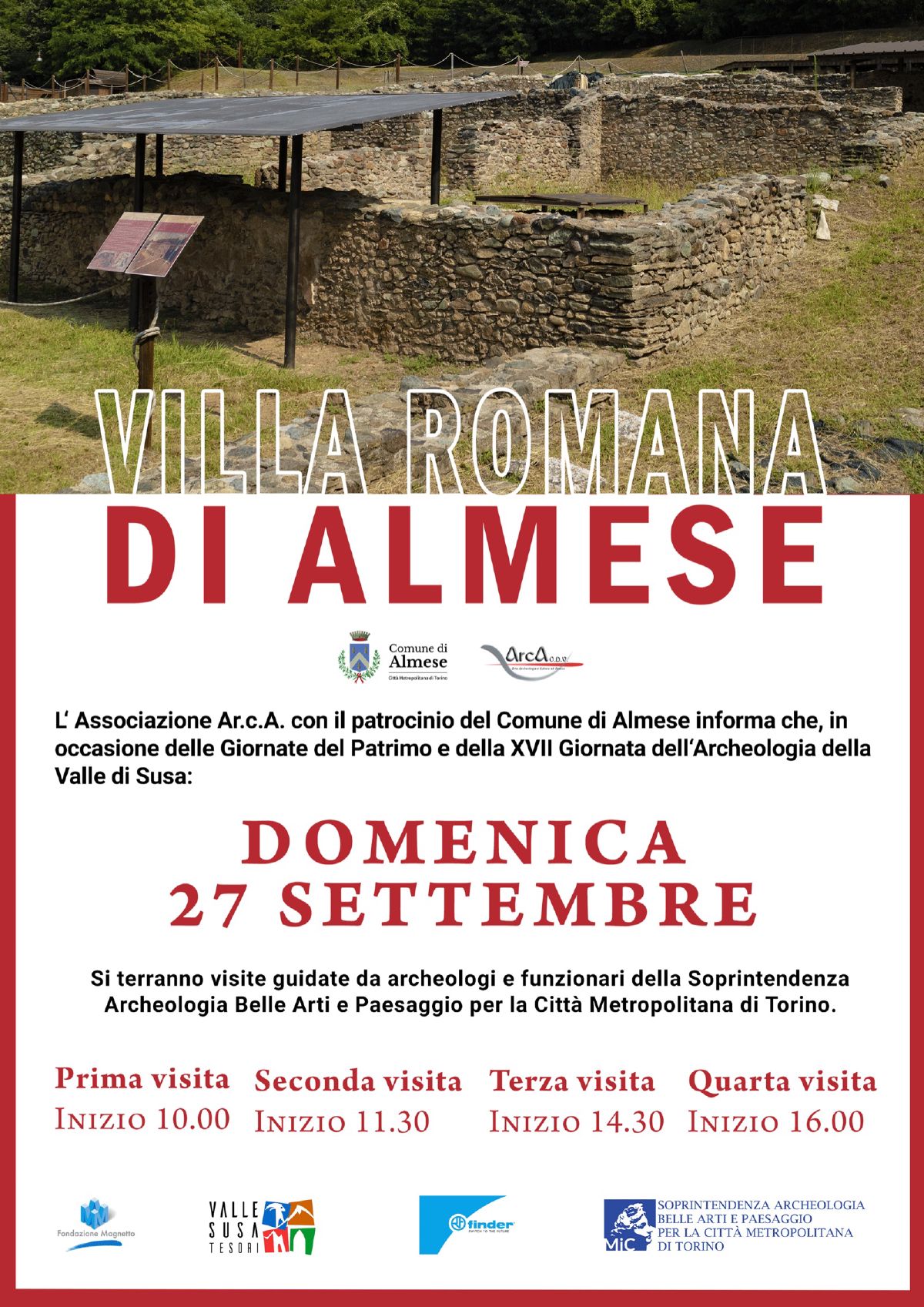 Locandina della villa romana di Almese, domenica 27 settembre, visite alle 10.00, 11.30, 14.30 e 16.00: i muri in pietra della villa sotto una tettoia