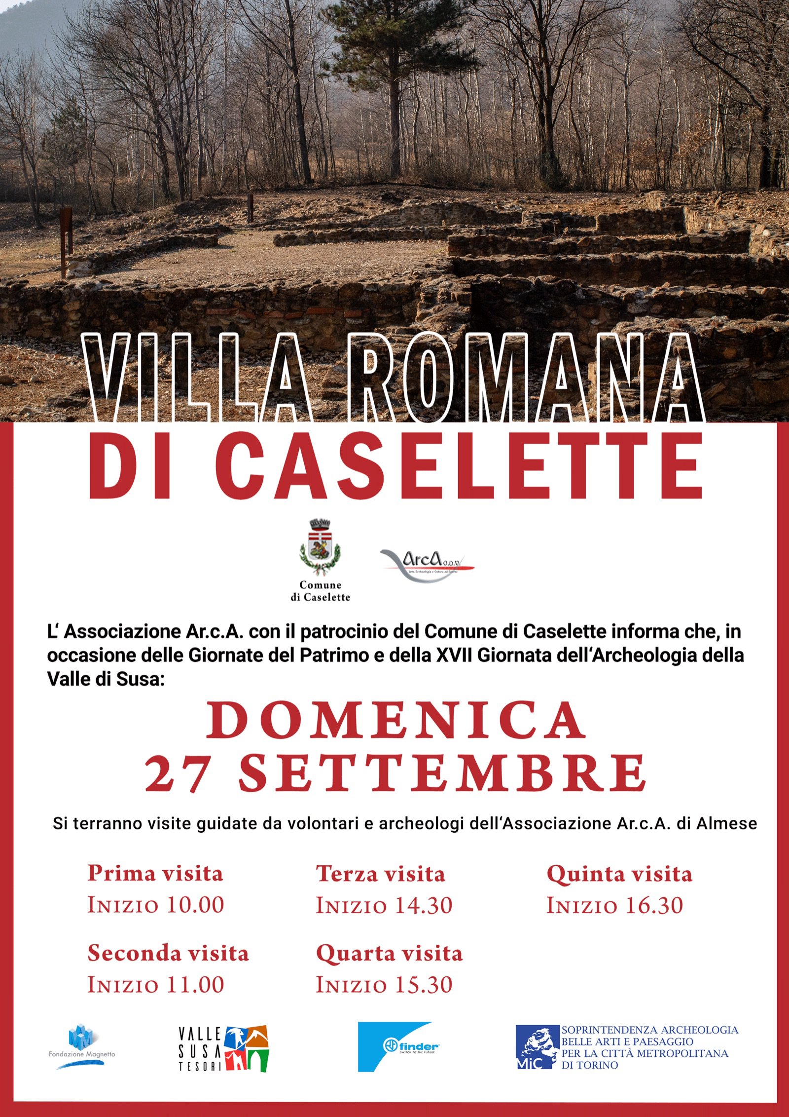 Locandina della villa romana di Caselette, domenica 27 settembre, visite alle 10.00, 11.00, 14.30, 15.30 e 16.30: i resti dei muri della villa nel bosco