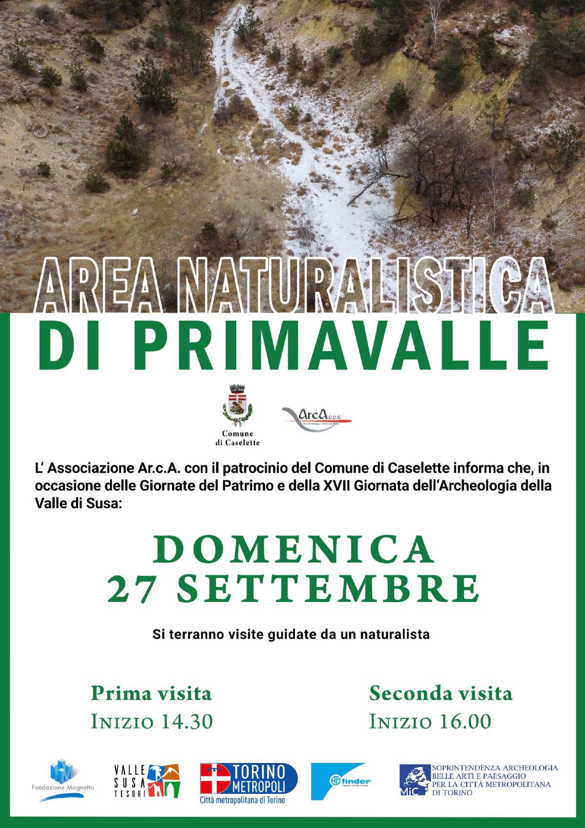 Locandina dell'Area naturalistica di Primavalle, domenica 27 settembre, visite alle 14.30 e alle 16.00: un vallone con pini e pendii brulli