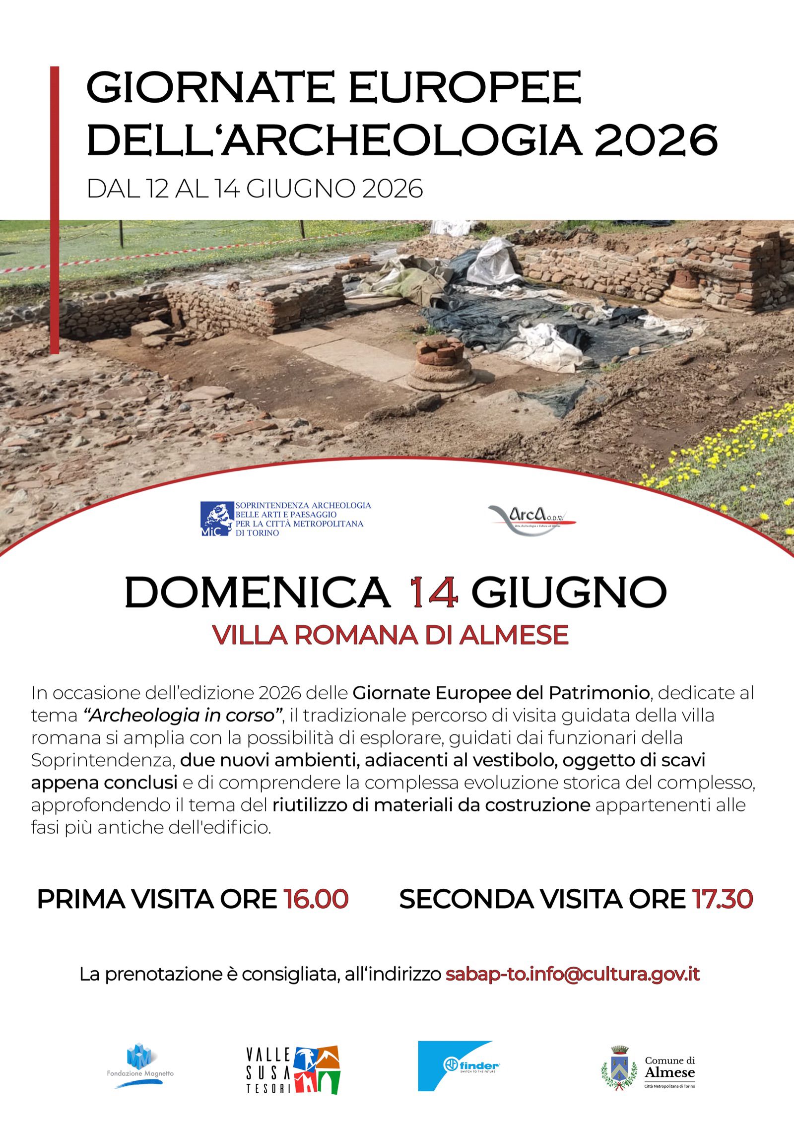 Locandina delle Giornate Europee dell'Archeologia 2026 alla villa romana di Almese, domenica 14 giugno: gli scavi del vestibolo