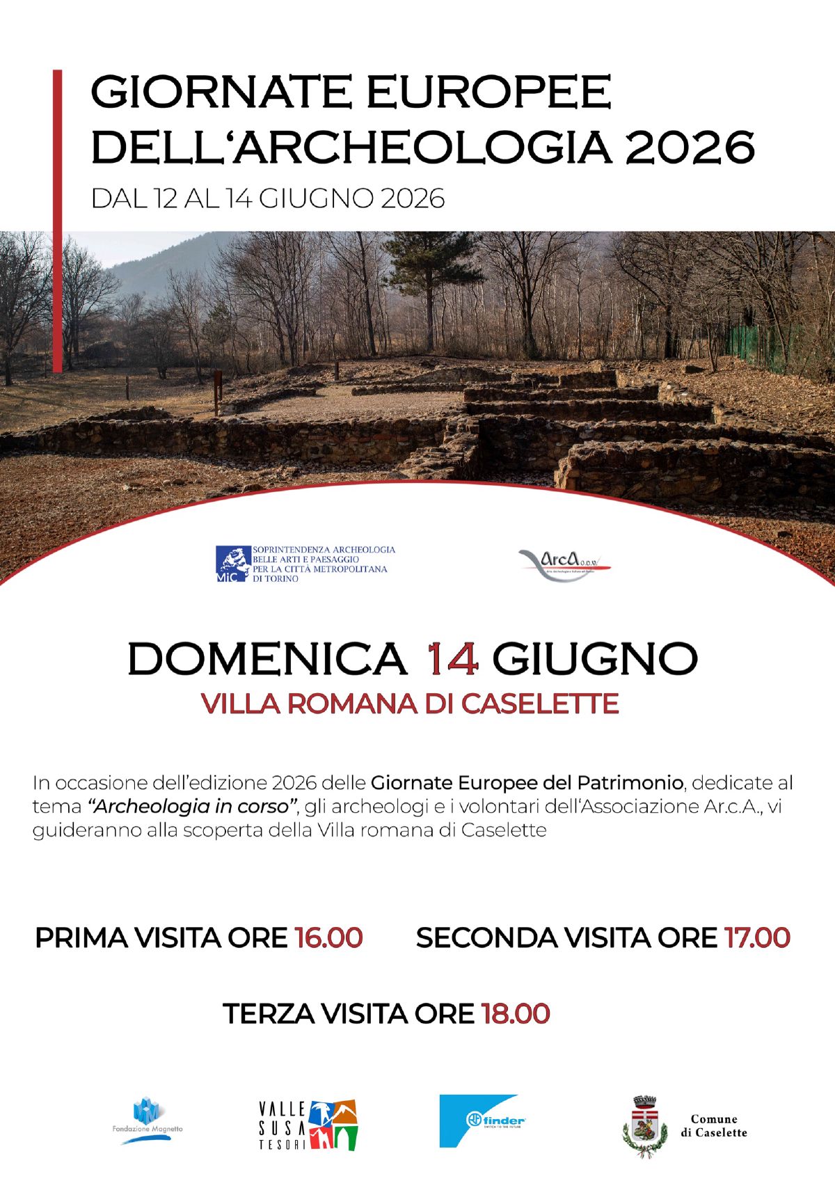 Locandina delle Giornate Europee dell'Archeologia 2026 alla villa romana di Caselette, domenica 14 giugno, visite alle 16.00, 17.00 e 18.00: i resti dei muri della villa nel bosco