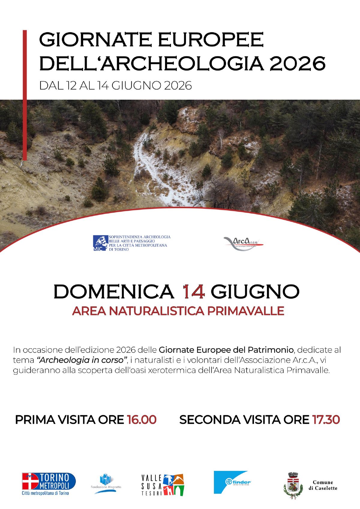 Locandina delle Giornate Europee dell'Archeologia 2026 all'Area naturalistica Primavalle, domenica 14 giugno, visite alle 16.00 e alle 17.30: un vallone con pini e pendii brulli